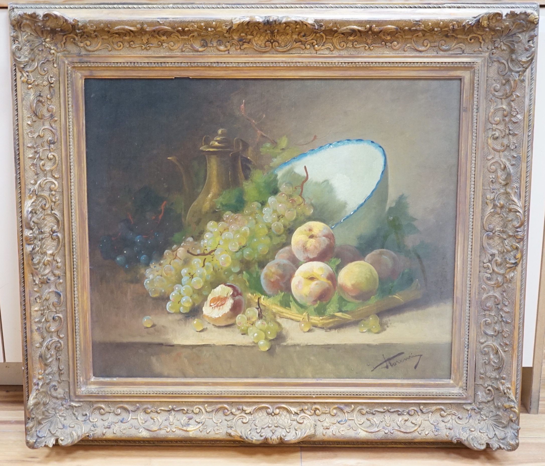 Victorian School, oil on canvas, still life of fruit and vessels, indistinctly signed, 63cm x 52cm ornate frame